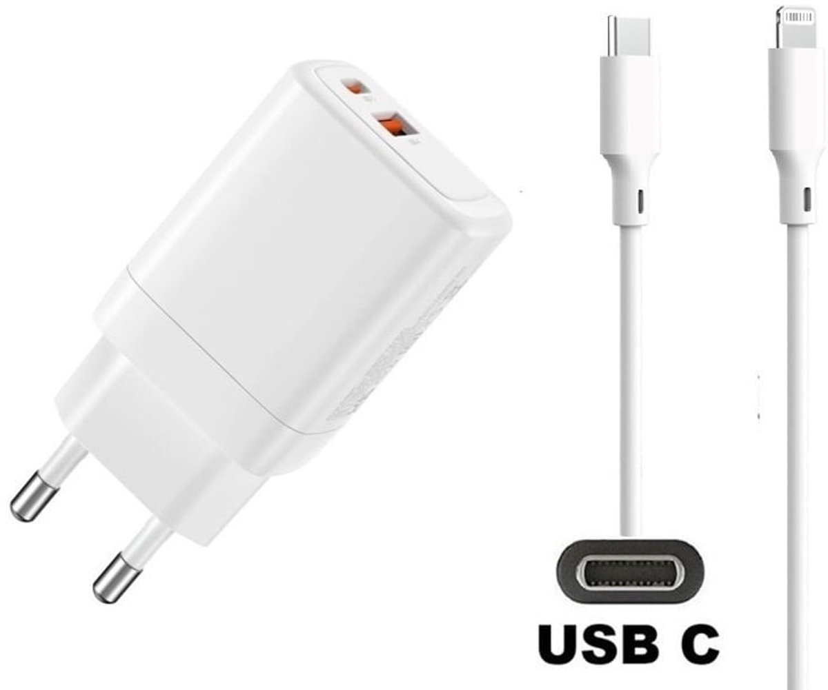 OneOne 45W super snellader met 2 poorten en screenprotector van glas voor iPhone 12 + 1,5m USB C naar Lightning kabel. PD lader. Universele oplader adapter. Glazen screenprotector past op Apple iPhone 12