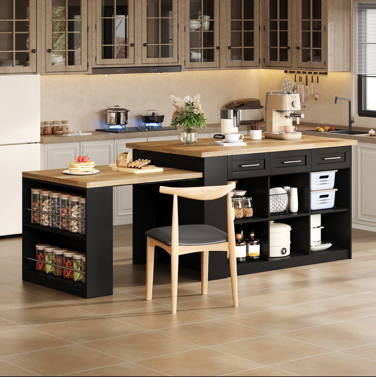 FloraGrace Keukenkast - Keukeneiland Met Uittrekbare Eettafel - Opbergruimte Voor Keuken En Samen Eten - MDF - Zwart - 150x90x90 Cm