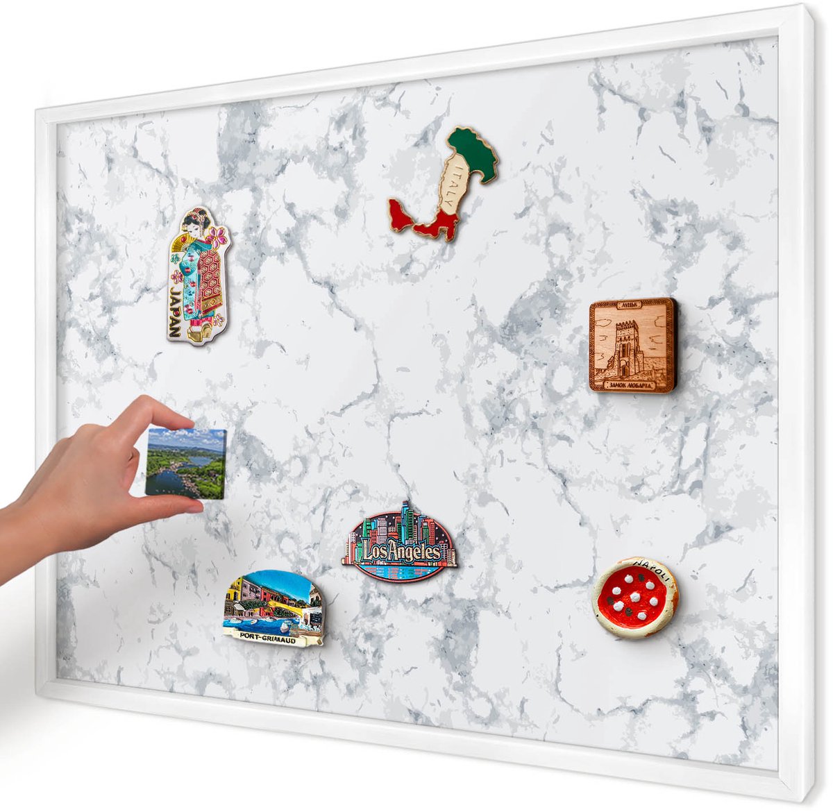 Artprintcave Grijs Magneetbord mit Witte Lijst - 70x50 cm - Marmeresthetiek Wandbord Magnetisch - Minimalist Magnetische Organizer - Texturen