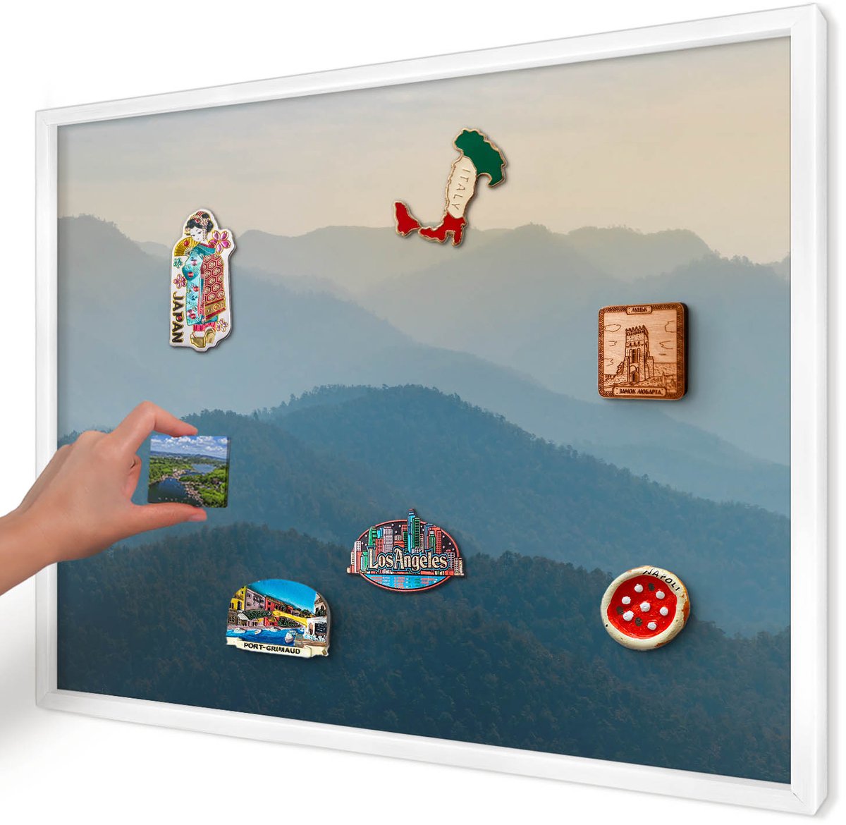 Artprintcave Groente Magneetbord mit Witte Lijst - 70x50 cm - Uitzicht Op De Bergen Wandbord Magnetisch - Fotografisch Magnetische Organizer - Landschappen