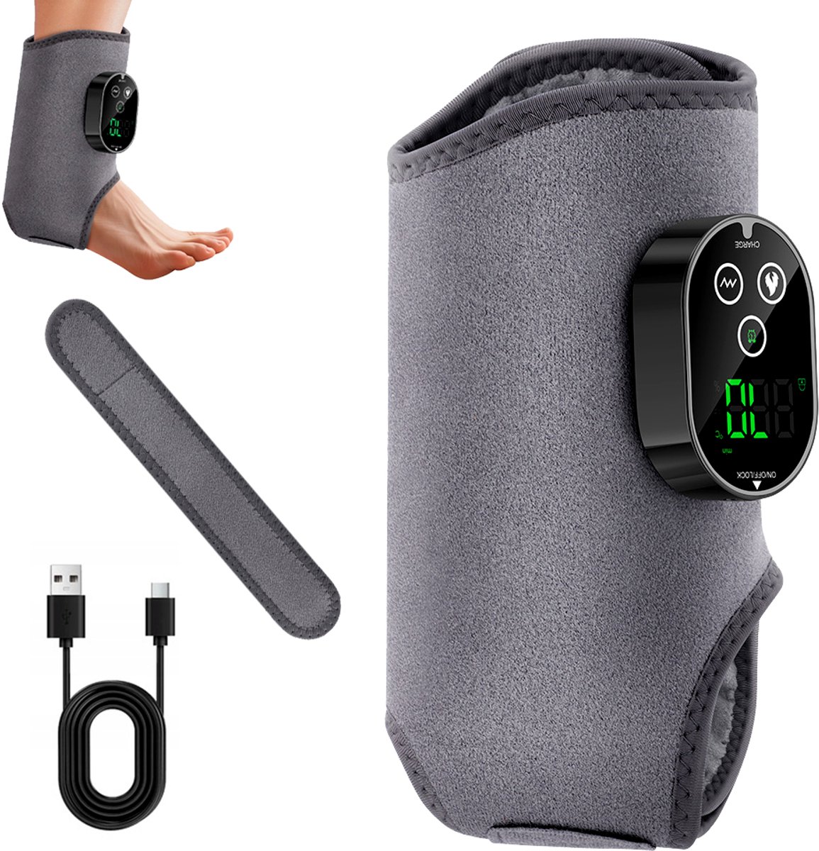 Voetmassageapparaat - Enkel- en voetmassageapparaat - Losse verpakking - Voetmassageapparaat - Verwarmings- en vibratiefunctie - 3000mAh batterij - Geschikt voor enkels, armen en ellebogen - Verlicht effectief pijn - Grijs