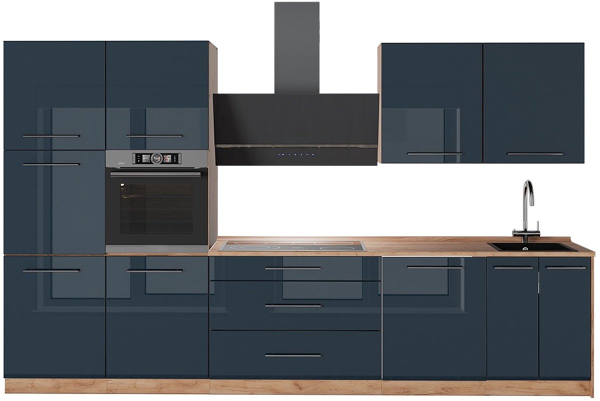Vicco Complete keukeneenheid Fame-Line, Donkerblauw hoogglans/Goudkleurig Eiken, 340 cm, WB Eik