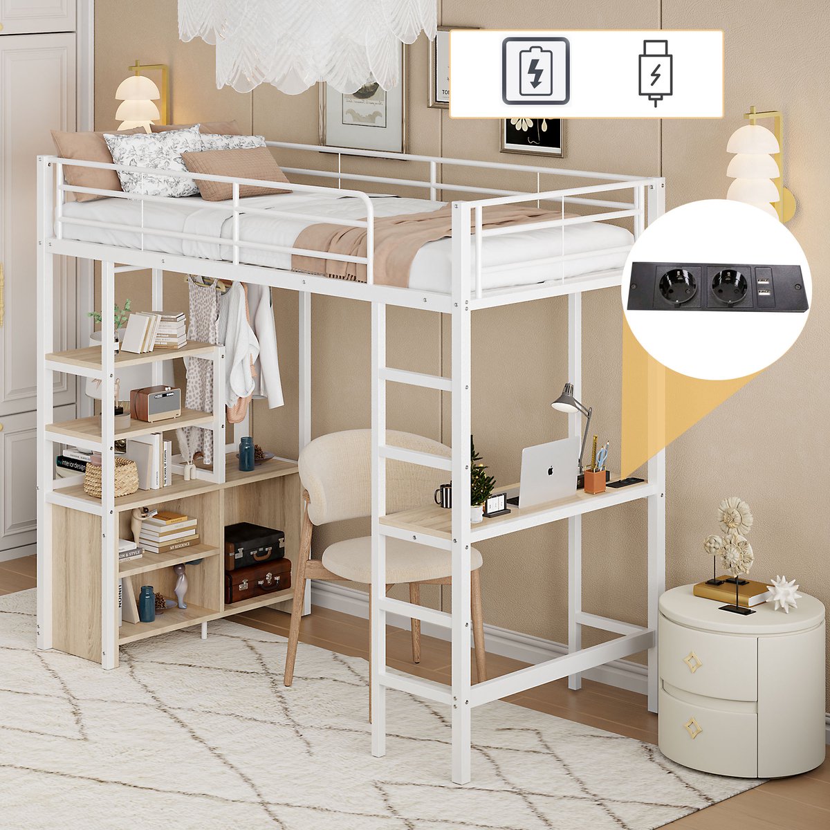 Hoogbed 90x200 cm met bureau en stopcontact - Wit - Inclusief USB-poort, opbergplanken en open kast - Veiligheidsreling en vaste ladder - EN747-gecertificeerd - Stabiel metalen frame