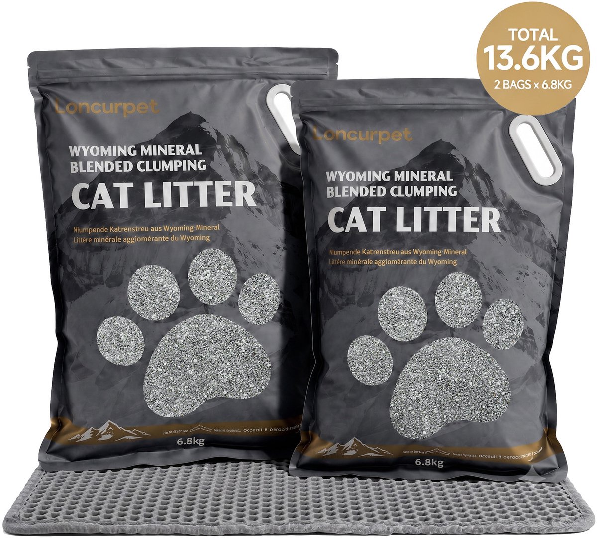 Loncurpet - Kattenbakvulling - Met Kattenbakmat - Wyoming Natrium Bentoniet Klei +Cassava - 2 x 6,8kg - Premium Klontvormend - Plakt Niet aan de Bodem - 100% Stofvrij - Natuurlijke Geurneutralisatie