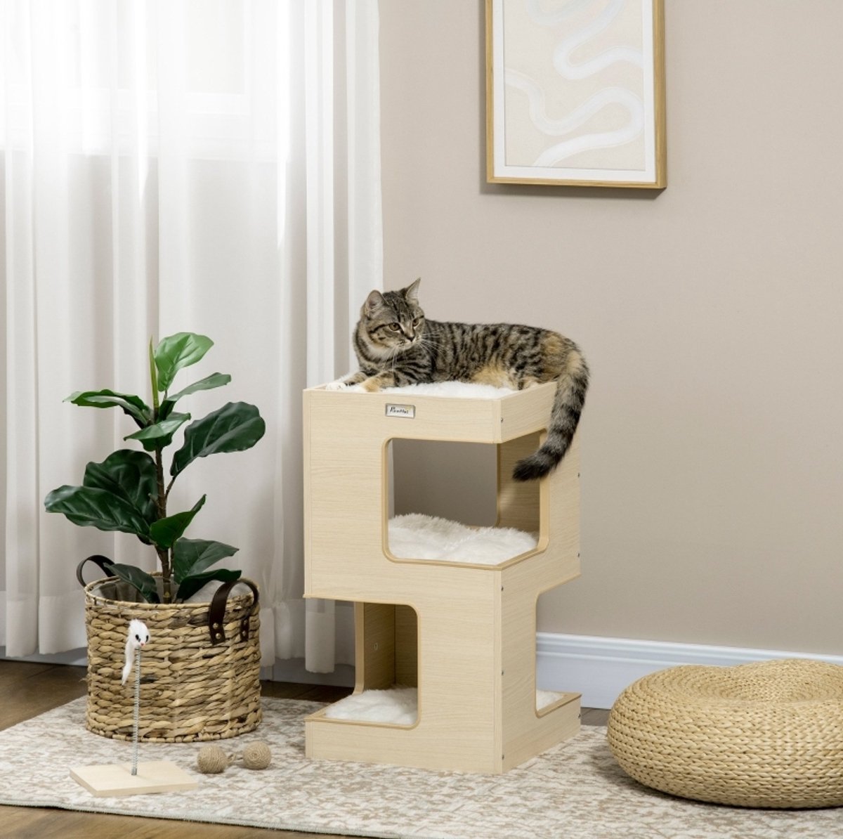 REDOM - Krabton kattenmeubel met 3 niveaus en 3 rustplaatsen - met huisje en speelbal - pluche - Eiken - 34 x 34 x 60 cm