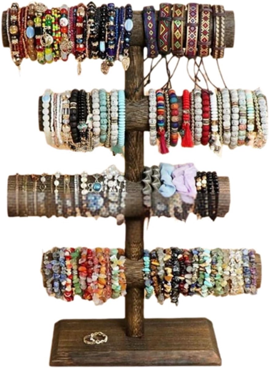 SnelShoppen - Houten Armbandhouder 4 Niveaus, Sieradenorganizer voor Armbanden, Horloges en Halskettingen, Vintage Design, Stabiele Sieradenstandaard