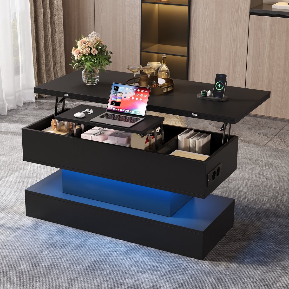PHOEBE CAT Salontafel - In hoogte verstelbaar tafelblad - Met stopcontact - LED-verlichting - Zwart
