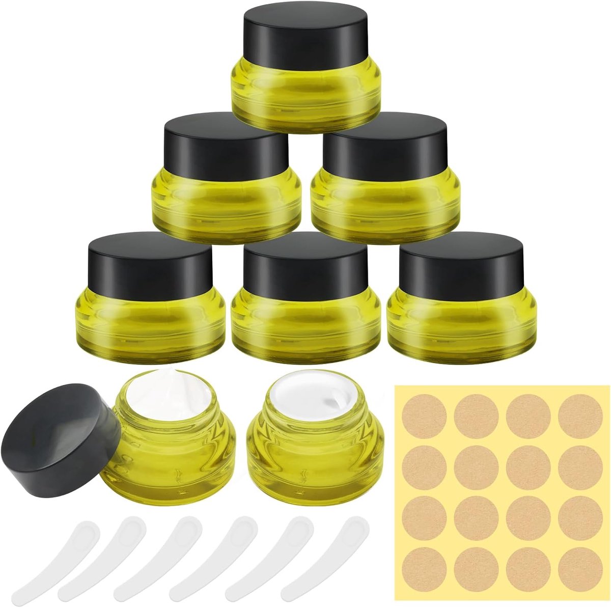 SnelShoppen - 6 Stuks Crème Potjes 30ml, Crème Containers, Mini Cosmetica Blikken met Deksel en Labels, Glazen Jars voor Crèmes, Lotion, Cosmetica