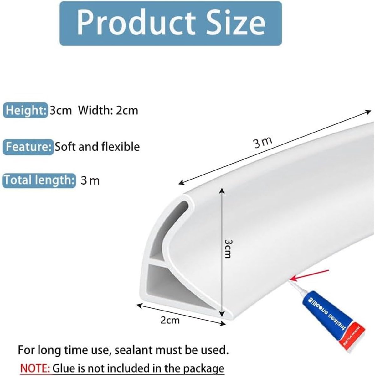 SnelShoppen - 3 Meter Boogvormige Waterdichtingsstrip voor Douche, Badkamer Vloerbarrière, Flexibele Waterdichte Drempel, Douchebak Sealing Strip, Wat