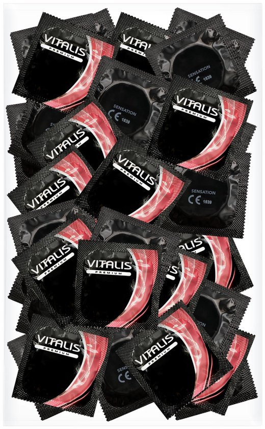 Een pak Vitalis Premium Sensation condooms met ribbels en noppen, met zwarte verpakkingen en roze/rode abstracte lijnen.
