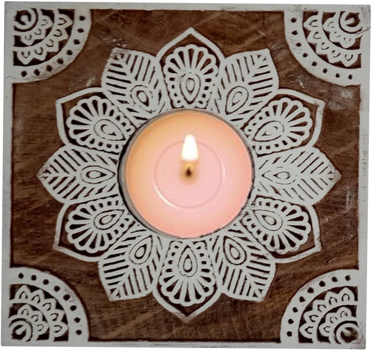 Omgoods - Houten T-Light Kaarsenhouder met Uniek Rangoli Ontwerp