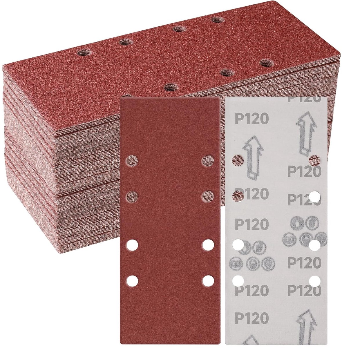 50 stuks 93 x 230 mm schuurbladen, korrel 120, rechthoekig, achterkant van klittenband, schuurpapier met 8 gaten voor rechthoekige schuurmachines