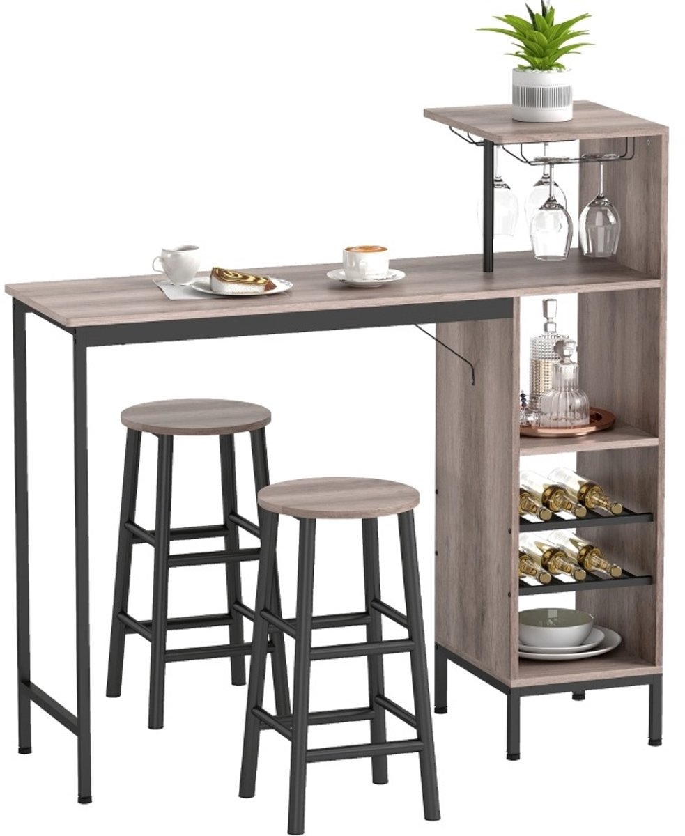 COVREO Bartisch-Set 121,5 x 40 x 122 cm grijs, hout en metaal, met 2 barkrukken