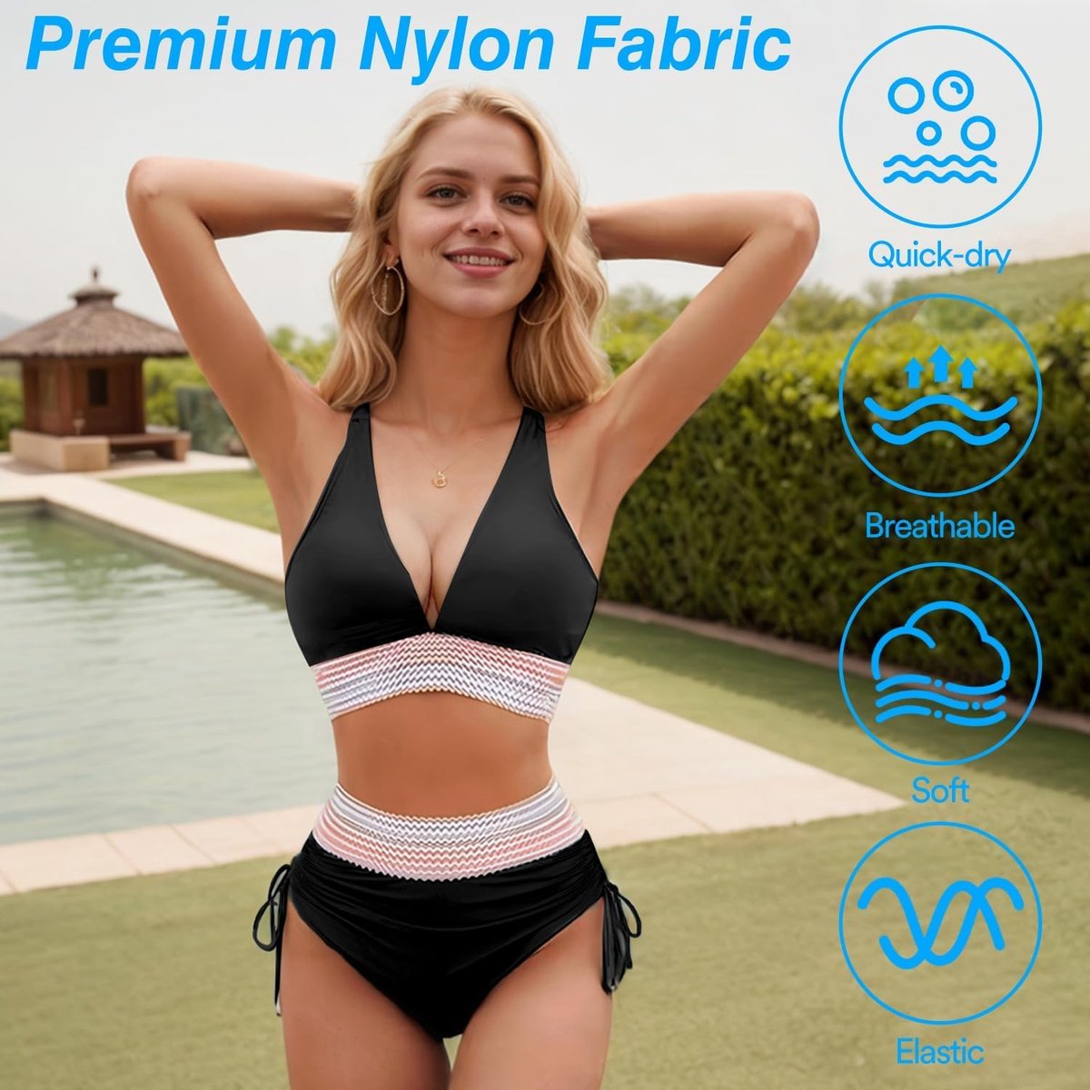 Bikiniset voor dames, hoge taille, buikcontrole, badmode met verstelbare schouderbanden, 2-delig, strandvakantie, zwemkostuum voor zwembad, vakantie, spa