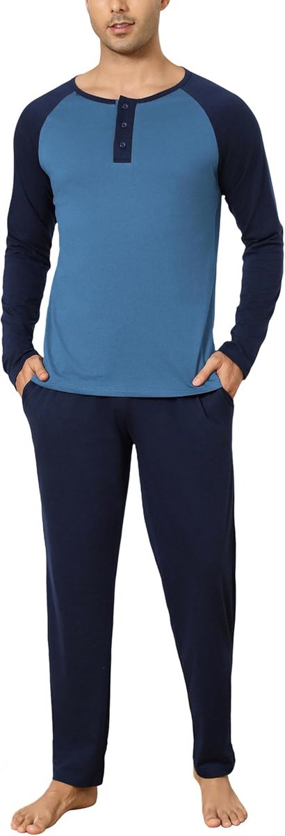 Katoenen herenpyjama met lange mouwen, top en broek, pyjamaset, S-XXL, L