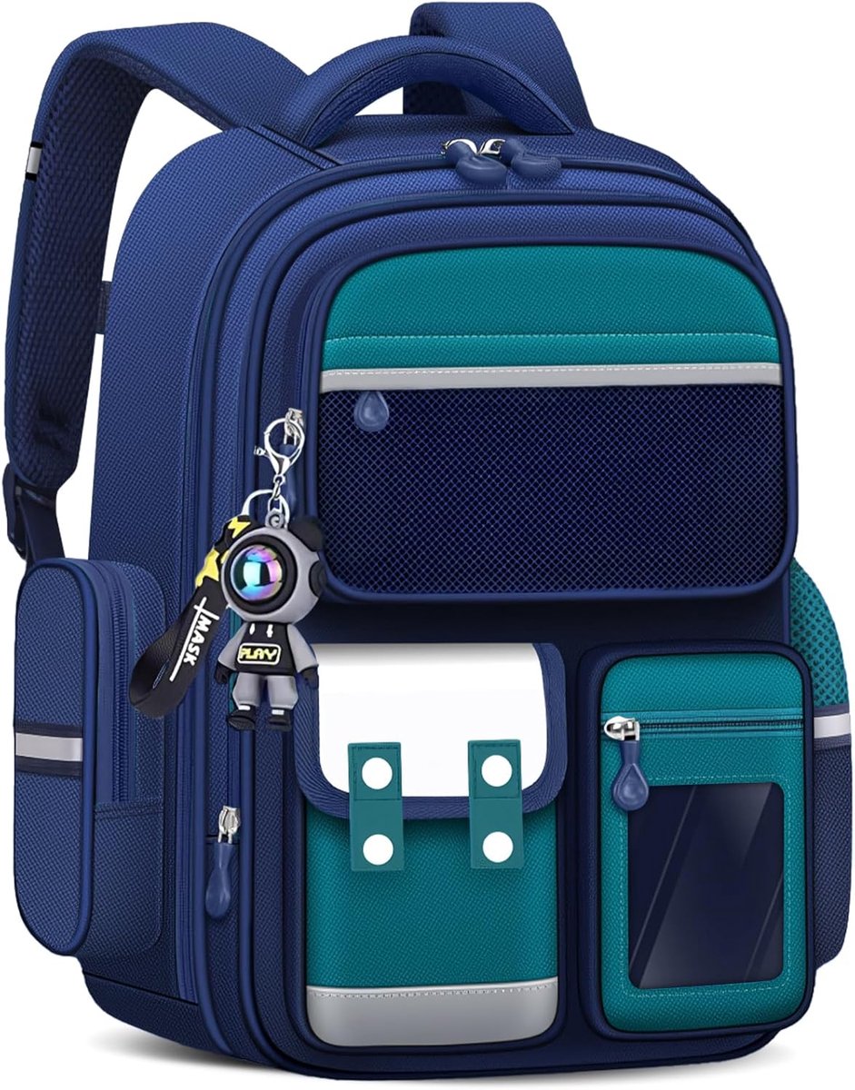 Schooltas voor jongens, grote kinderrugzak met schattige hanger, schooltas voor jongens 2e tot 5e klas, rugzak voor school of reizen, met meerdere vakken, groen