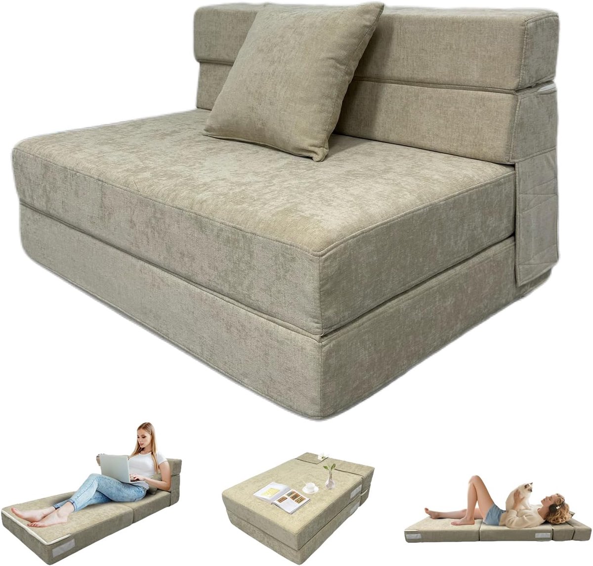Opklapbaar divanbed, met kussen, stoel kan worden omgezet in matras, afneembare divanbedhoes, kleine kamers en multifunctionele ruimtes, beige