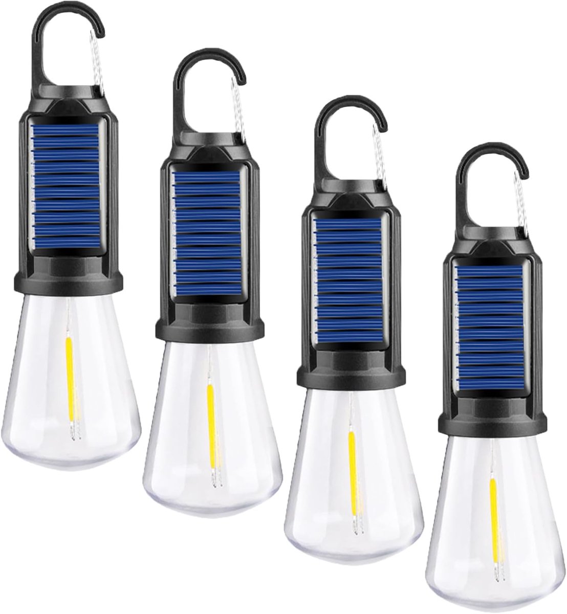 Zonne-energie Campinglamp - 4 stuks - Kampeertentlamp - 17×5,5cm - Oplaadbare Draagbare Led-lantaarn - 3 Lichtstanden - Tungsten Licht - Tentlamp met Haak en Klem - Geschikt voor Kamperen, Wandelen en Noodgevallen - Vierkante vorm