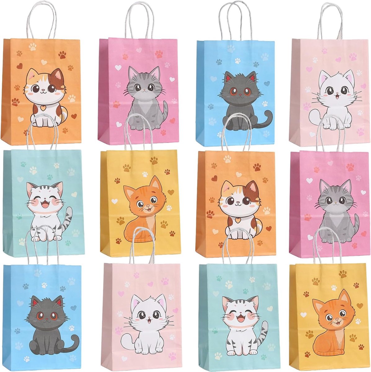 Kattencadeauzakjes 12 stuks - Papieren zakjes met handgrepen - Snoepzakjes voor kattenfeest - Perfect voor verjaardagen - ShopVlot