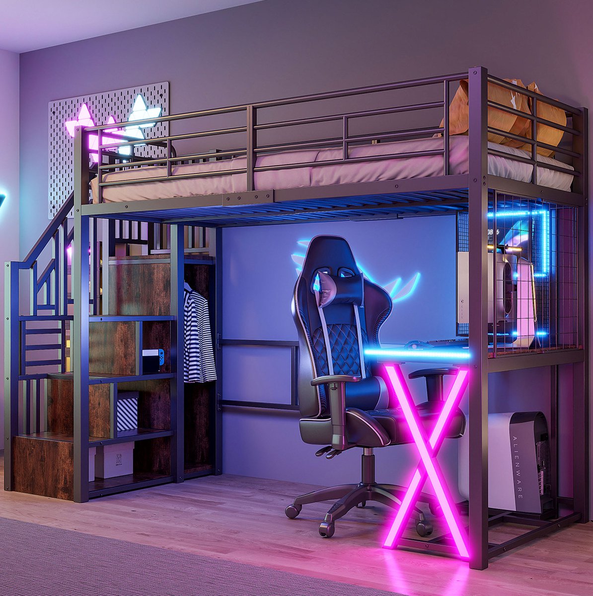 MEUNIQ hoogslaper 90x200 cm met LED-verlichting, bureau, opbergleider, kledingkast en planken voor de kinderkamer, zwart Black