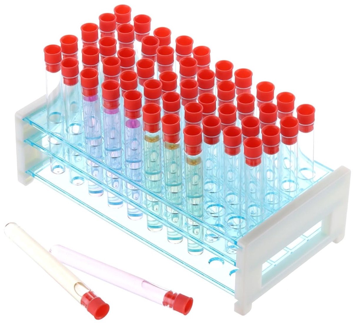 Reageerbuisstandaard met 50 gaten voor 13 mm reageerbuizen, demonteerbare kunststof container, ideaal voor laboratoria en experimenten