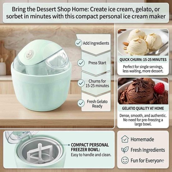 Mini IJsmachine - Dessertmaker - Zelf Desserts Maken - Snelle Bereiding - 500 ml - Blauw — afbeelding 3