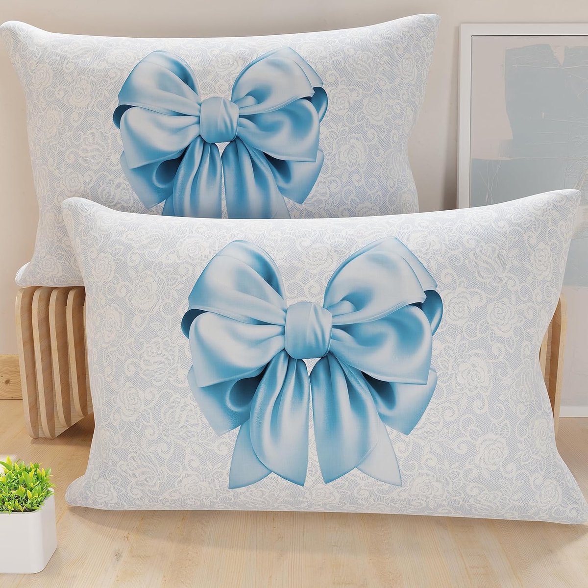 Famanu 1 paar kussenslopen 50 x 70 cm van microvezel, decoratief kussen voor slaapkamer, bank, woonkamer, set van 2 kussenslopen, lichtblauwe strik, 100% gemaakte in Itáliå Neutraal