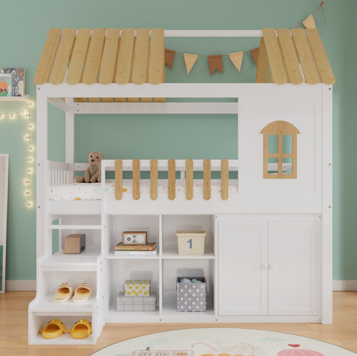 MEUNIQ stapelbed 90x200 cm met trap en opbergruimte, huisvorm met raam en veiligheidshekken, voor kinderkamer in wit en naturel