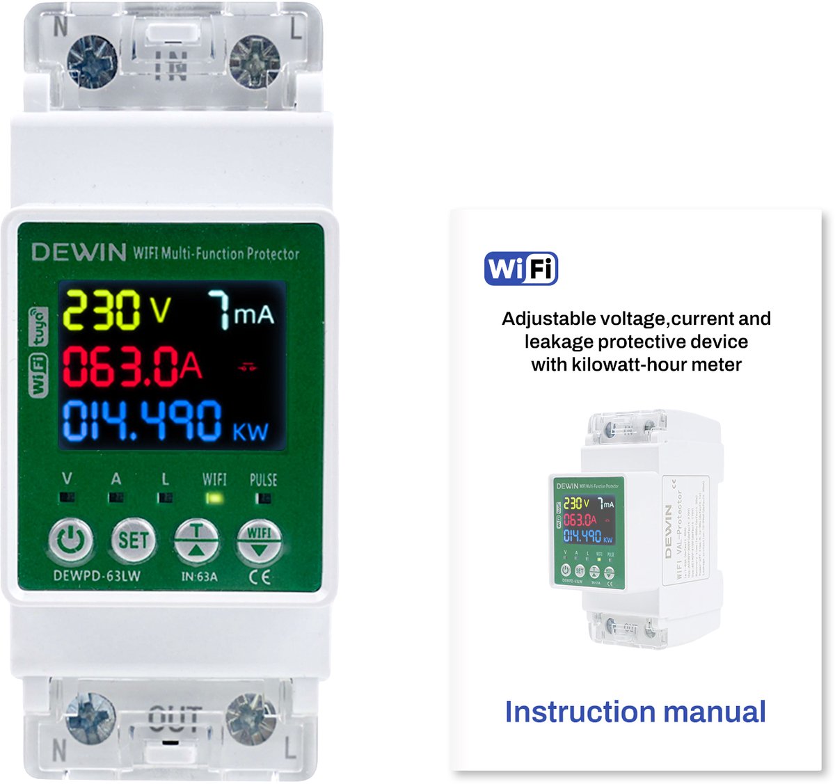 Tuya WiFi Elektriciteitsmeter - Verbruiksmeter - Voltmeter en Ampèremeter Energiemeter - DIN-rail met App-afstandsbediening - 63 A AC, 230 V - AC Meter