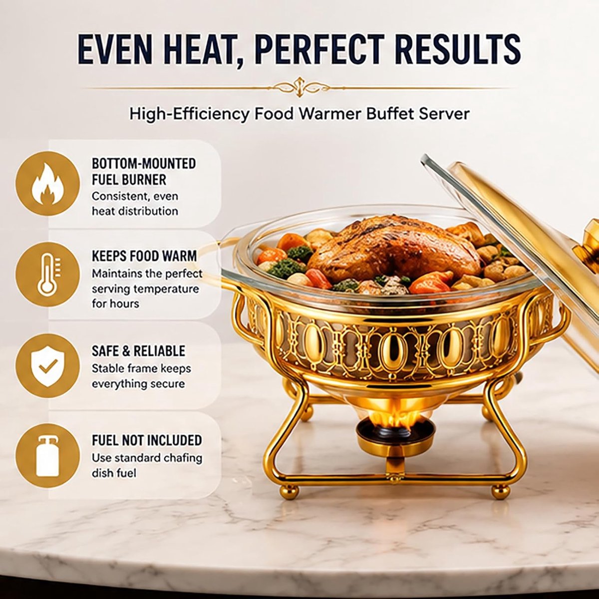Ronde komfoor - Buffetserver voedselwarmer - Warm eten serveren - Hittebestendig glazen dienblad - 2 liter - Zilver