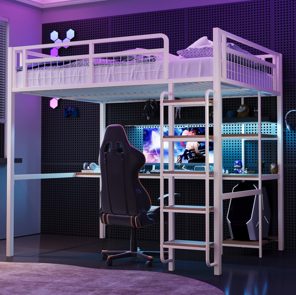 MEUNIQ metalen hoogslaper 140x200 cm met bureau en planken, veiligheidsladder en uitvalbeveiliging, tweepersoons bedframe voor slaapkamer of studeerplek, wit