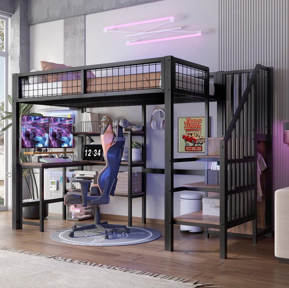 MEUNIQ Hoogslaper 90x200 cm met bureau, legplanken en kledingkast, metalen bedframe met opbergruimte voor slaapkamer of studeerkamer, zwart en bruin