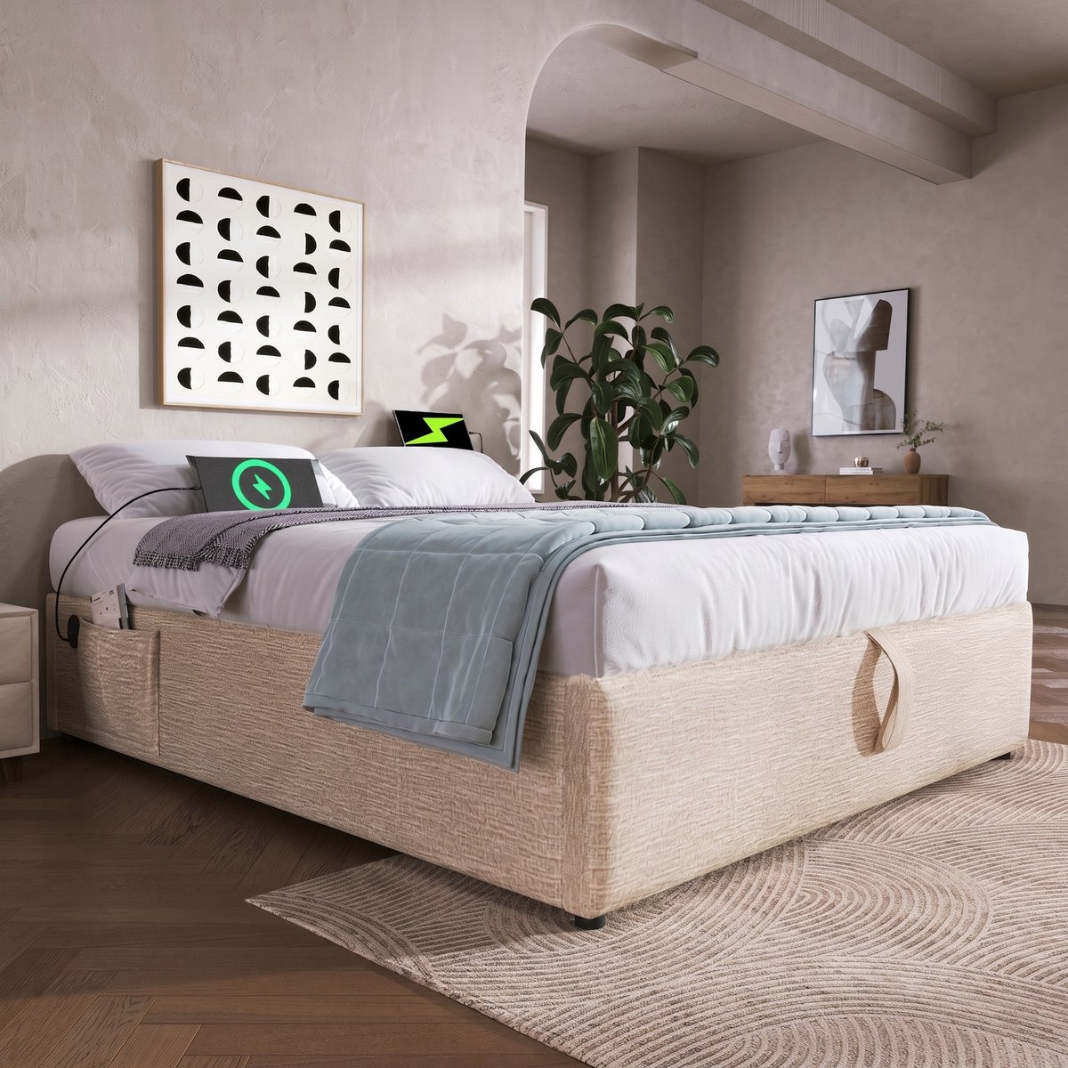 VVBV Gestoffeerd Opbergbed 160x200 cm - USB-C, Hydraulische Opbergruimte, Lattenbodem, Linnen, Massief Hout, Zonder - 456N Beige+Natural