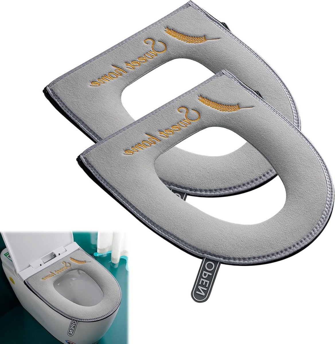 Verwarmde Toiletbril Covers, Dikker en Wasbaar met Rits voor Ovalen Toiletbrillen, Set van 2, Comfort en Hygiëne