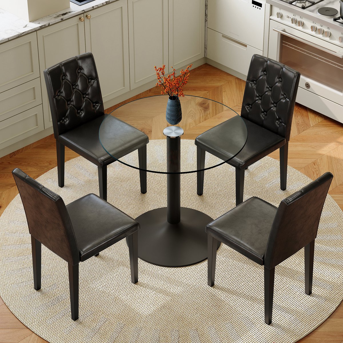 STILVORA Tafel En Stoelen Set 85 Cm - Ronde Glazen Eettafel Met 4 PU Eetkamerstoelen - Voor Eethooek En Café - Metaal Zwart Transparant
