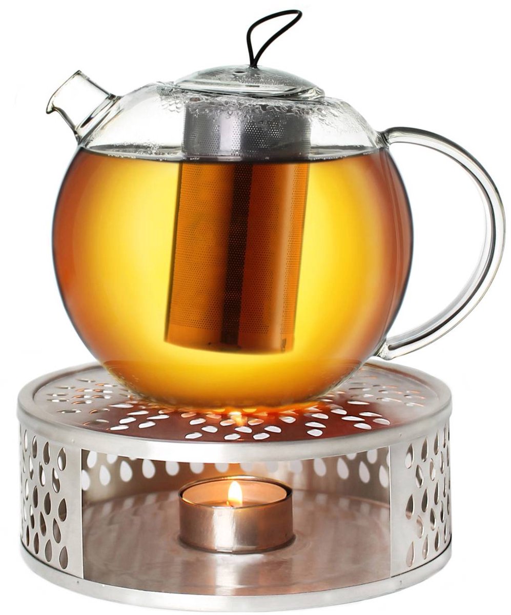 Creano glazen theepot 1,0l Jumbo + een rvs theelicht, 3-delige glazen theepot met geïntegreerd roestvrijstalen filter en glazen deksel, ideaal voor het bereiden van losse thee, druppelvrij