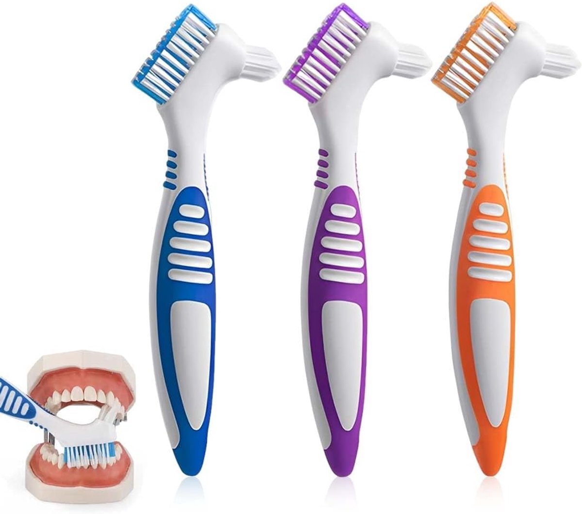 ZVAKCT Tandenborstel, dubbelzijdig, meerlaagse borstelharen, antislip handvat, blauw, paars, oranje, 3 stuks - ShopVlot