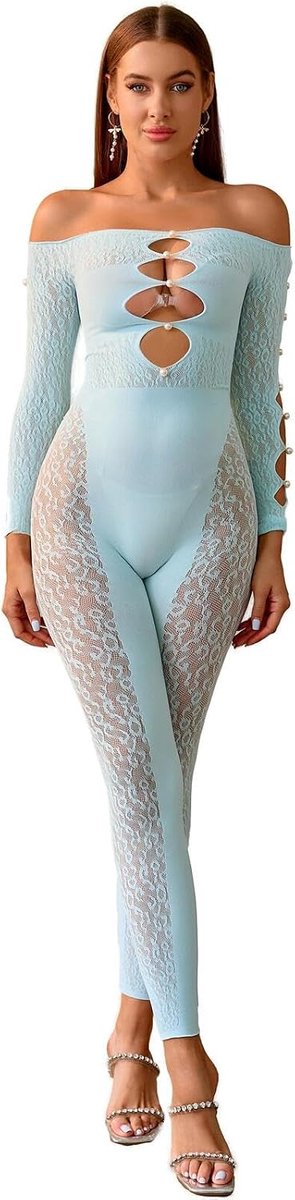 Walang Women Sexy Glitter Rave Outfits Fishnet Long Sleeves Tight One-Piece With Bright Artificial Pearls One Size - ShopVlot
