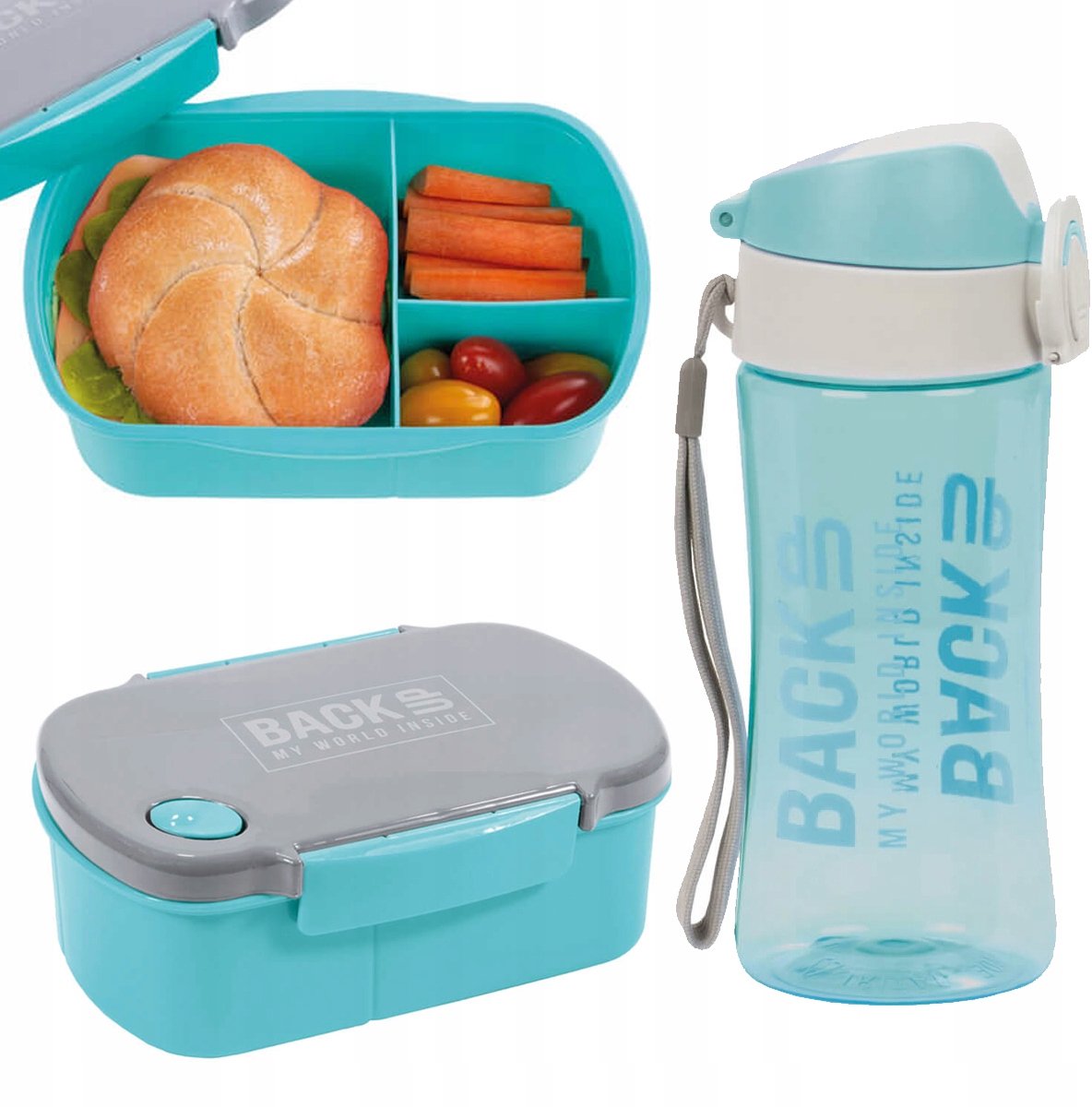 BackUP Set: Bidon & Broodtrommel met 2 Vakken - Turquoise/Grijs