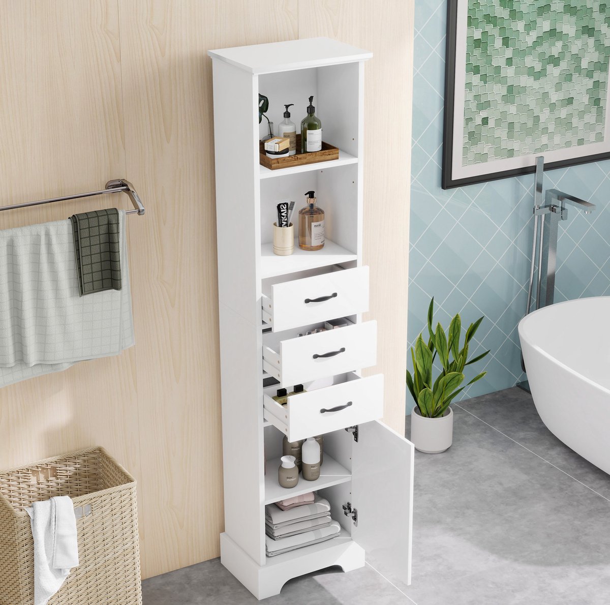 HAUSS SPOLE Kast - Badkamer Opbergkast Met 3 Laden En Verstelbare Planken - Modern Voor Badkamer En Woonkamer - MDF - Wit - 38x26x172,5 Cm