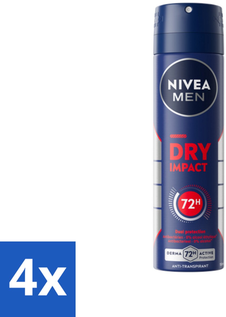 4 x NIVEA MEN - Deodorant Spray - Dry Impact - 150 ml - Droog Huidgevoel - Zweetbeheersing - Anti-transpirant - Frisheid - Huidbescherming