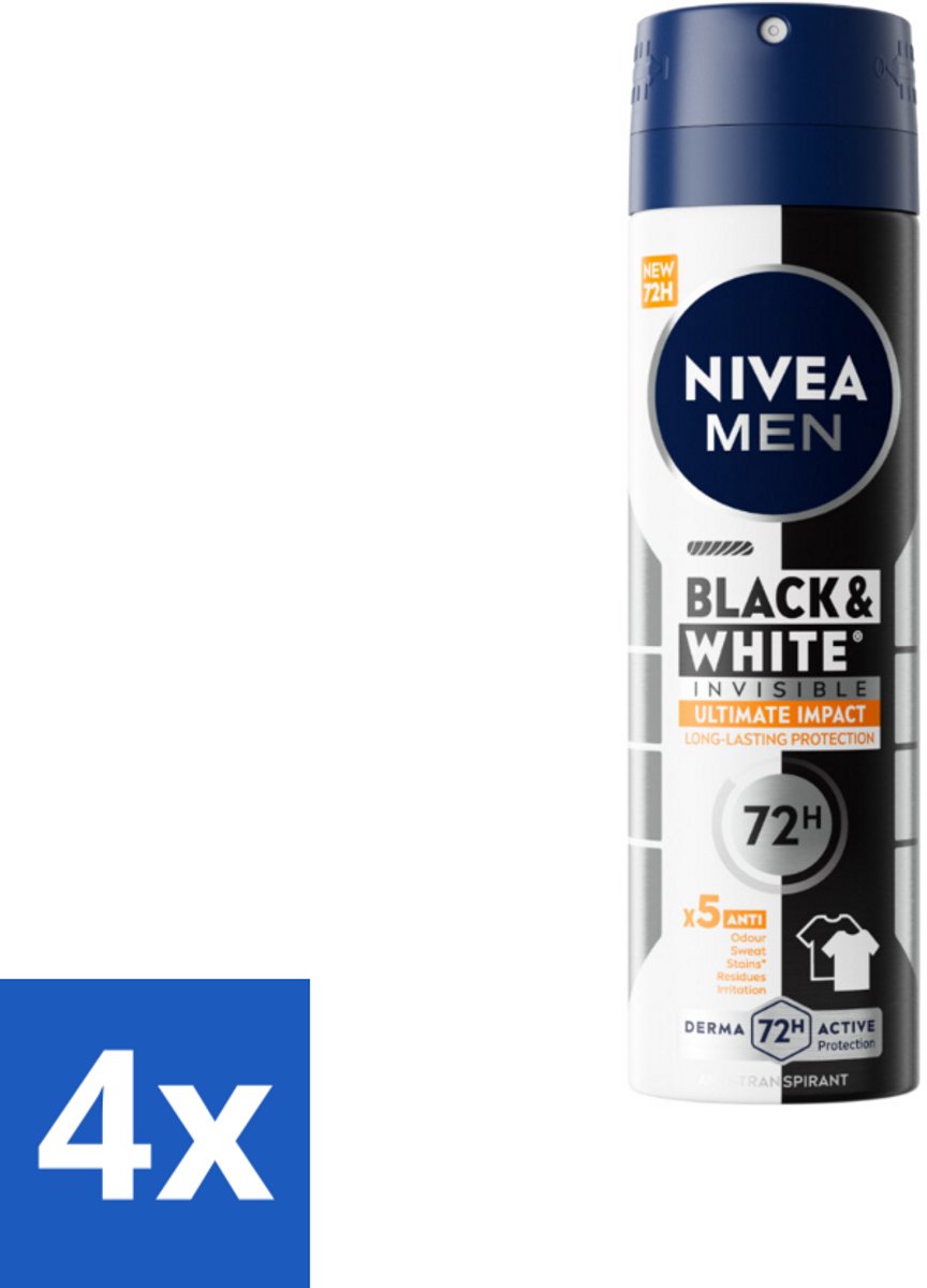 4 x NIVEA MEN - Deodorant Spray - Black & White Ultimate Impact - 150 ml - Anti-transpirant - Deodorant - Vlekkenvoorkomend - Kledingbescherming - Zweetbescherming
