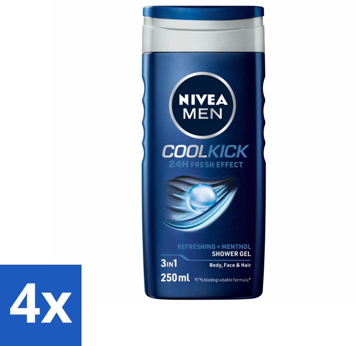 4 x NIVEA MEN - Douchegel - Cool Kick - 250 ml - Douchegel - Shampoo - Frisheid - Verkoeling - Mannelijke Geur