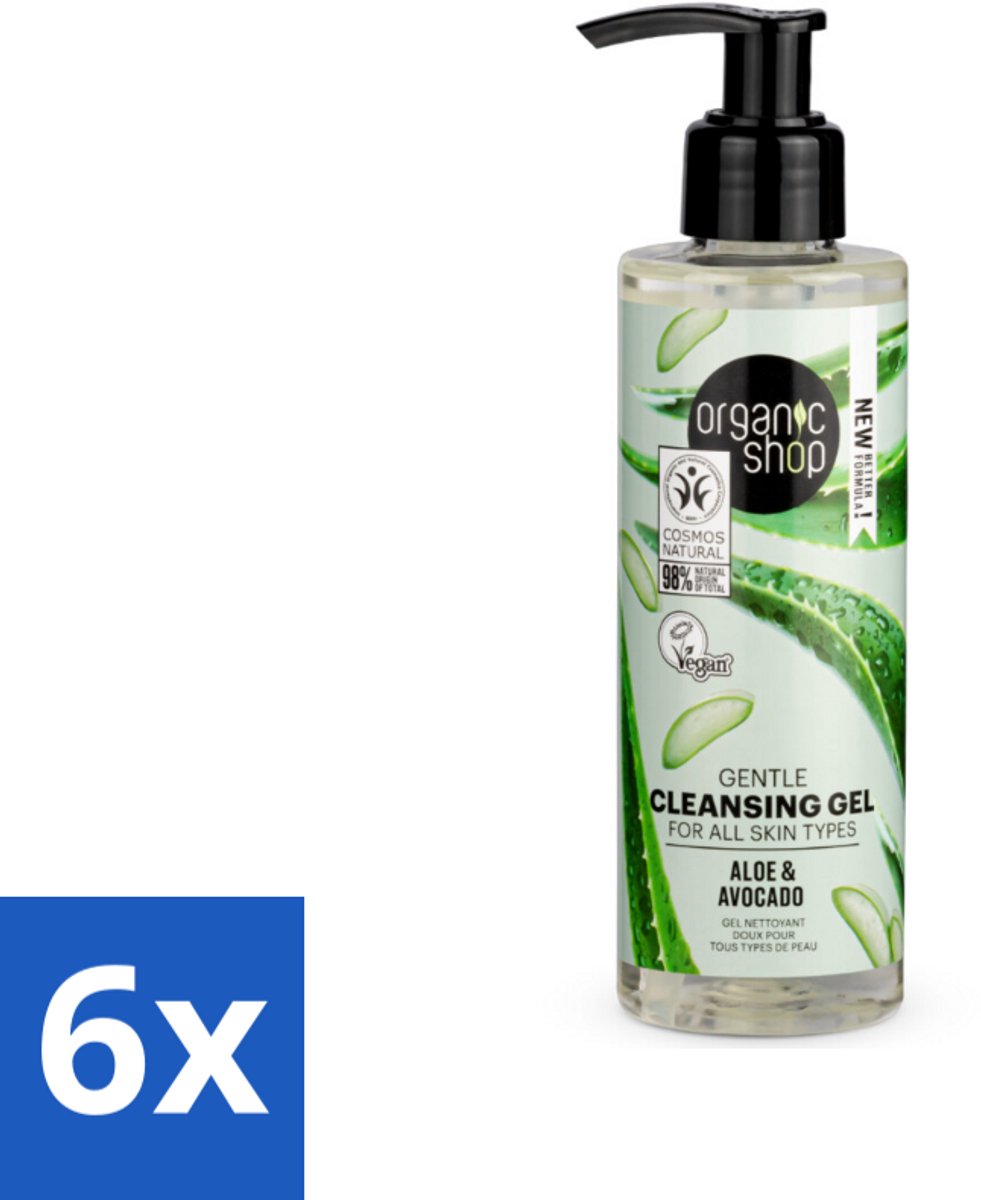 6 x Organic Shop - Cleansing Gel Avocado & Aloe - Verfrissend en Hydraterend - 200 ml - Biologische Gezichtsreiniger - Avocado Reiniging - Aloë Reiniging - Hydraterende Gezichtsreiniger - Vegan Gezichtsreiniger