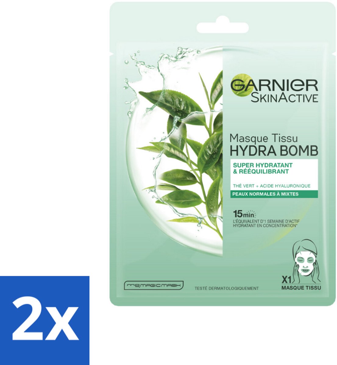 2 x Garnier - SkinActive - Hydra Bomb Tissue Masker - Groene Thee - 1 Gezichtsmasker - Huid Masker - Groene Thee Masker - Hydraterend Masker - Gezichtsmasker - Garnier Hydra Bomb