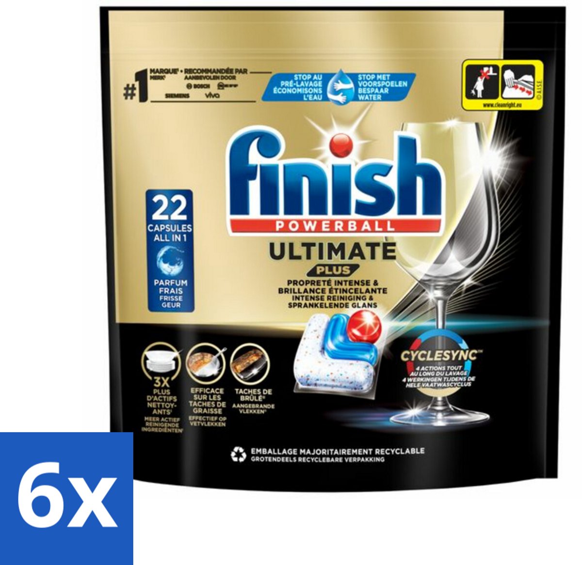 6 x Finish - Vaatwasmiddel - Ultimate Plus Vaatwastabletten Regular - Krachtige Alles-in-1 Reiniging - 22 capsules - Vaatwastabletten - Vaatwascapsules - Vaatwasser - Vaatwasmiddel - Glans