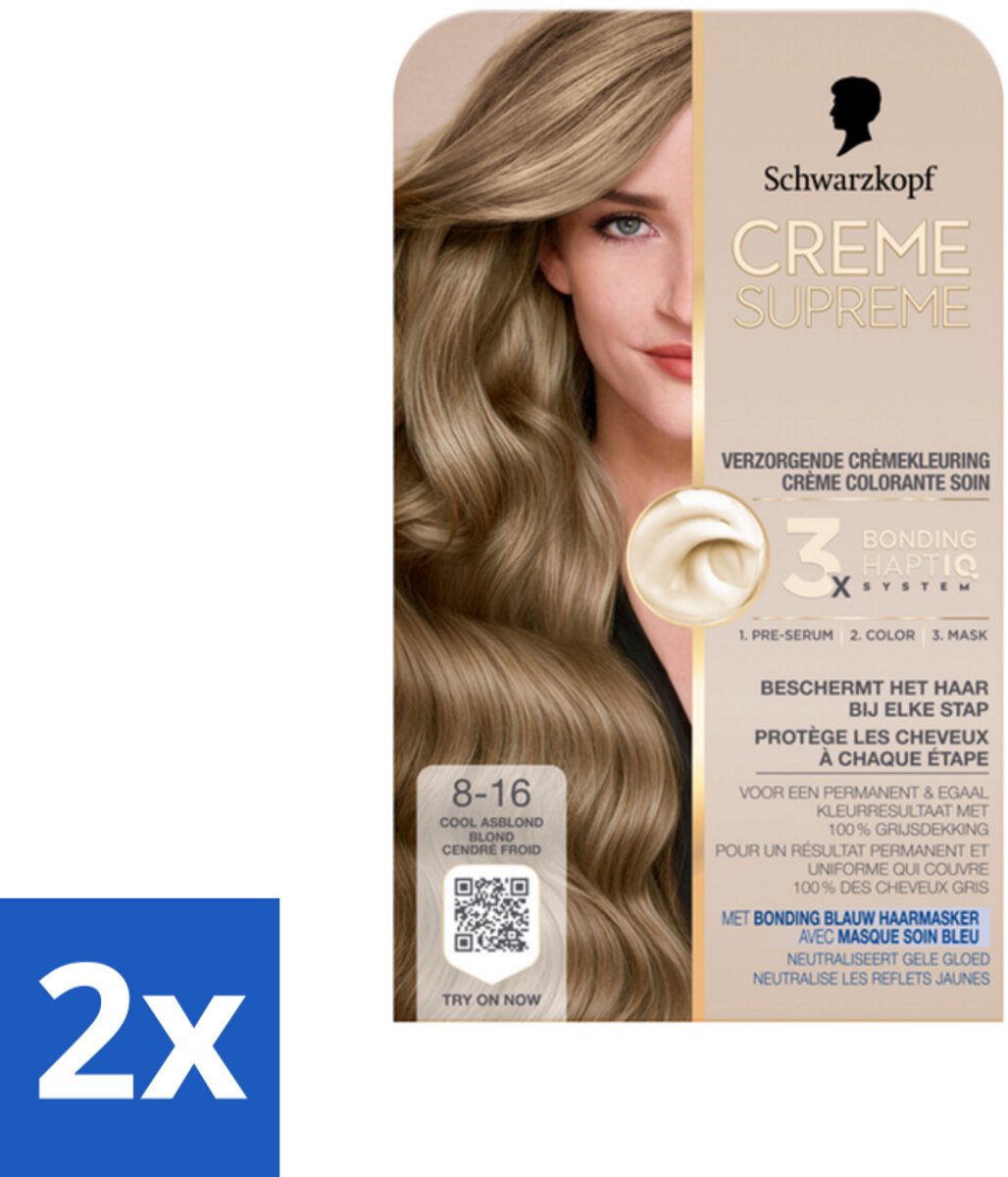 2 x Schwarzkopf - Haarkleuring - Creme Supreme 8-16 - Cool Asblond - 245g - Blond Haar - Asblond - Haarkleur - Permanente Haarkleuring - Grijsdekking