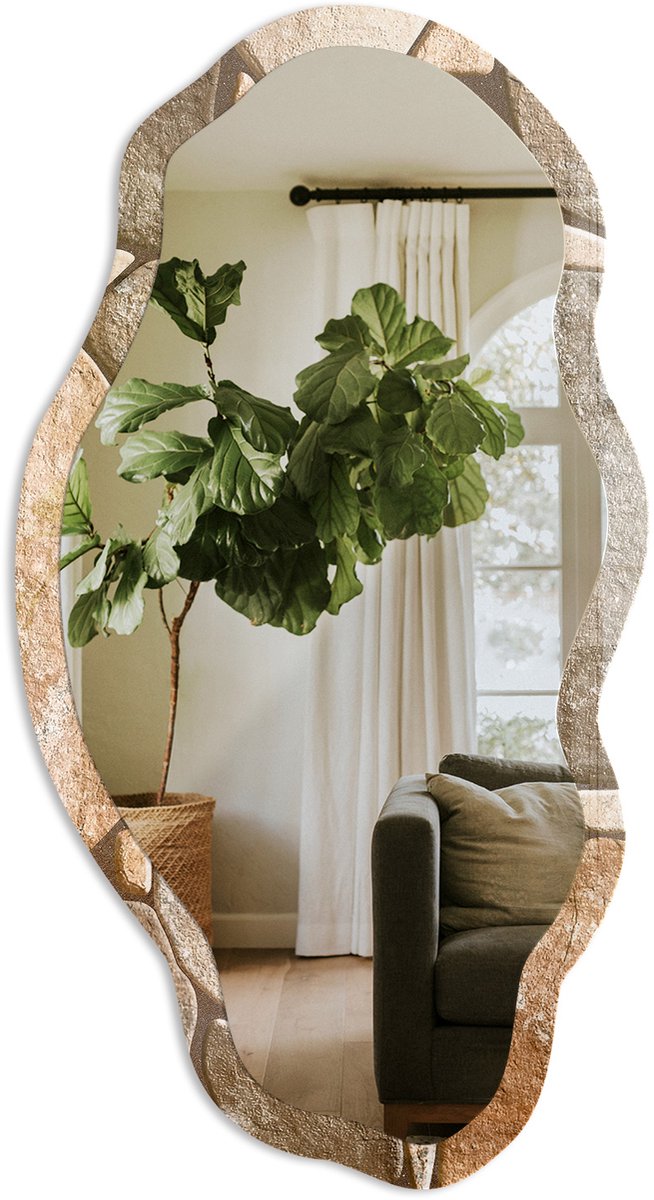 TULUP Mozaïek Van Steen Spiegel - Bruin Elegante Rechthoekige Wandspiegel - Organische Spiegel - Hal, Woonkamer, Kantoor - Rustiek - 45x90 cm - Totale afmeting 52x97 cm SteenmozaïekPatroon, Bruin