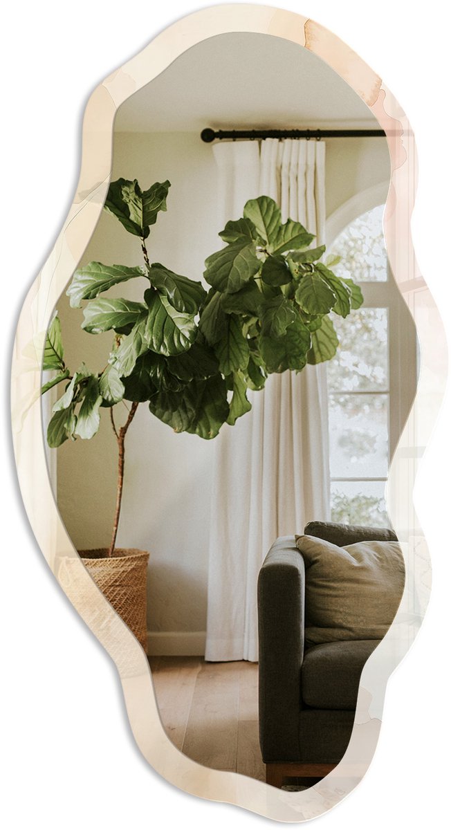 TULUP Lichtlandschap Spiegel - Romig Rechthoekige Spiegel Met Modern Design - Organische Spiegel - Slaapkamer, Woonkamer, Kantoor - Boho - 45x90 cm - Totale afmeting 52x97 cm Licht Landschap, Crème