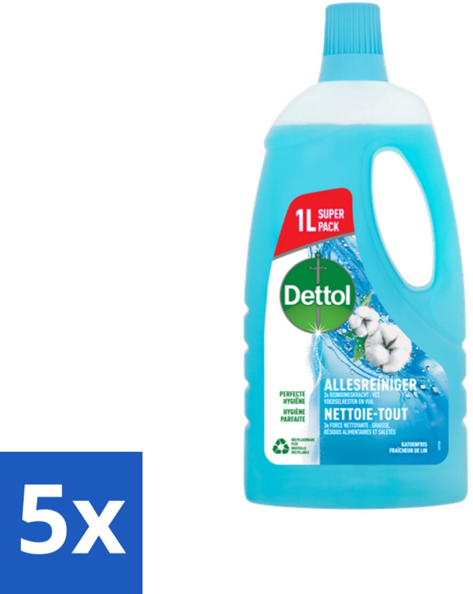5 x Dettol - Allesreiniger - Power & Fresh - Katoenfris - 1 liter - Allesreiniger - Hygiëne - Reiniging - Vet Verwijderen - Voedselresten Verwijderen